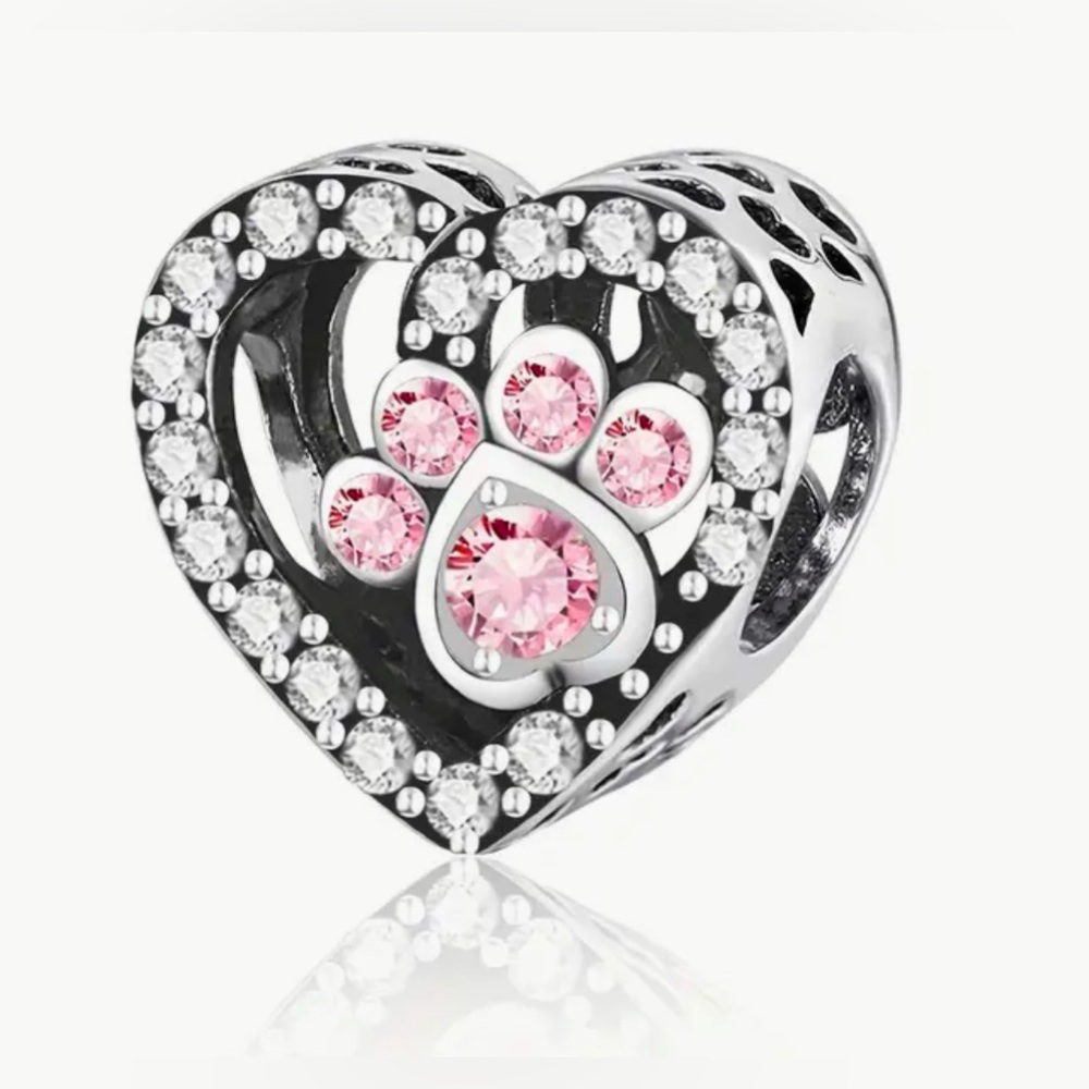 Silver & Pink Sparkle Heart Paw Print & Bone Charm For Pandora Braclets